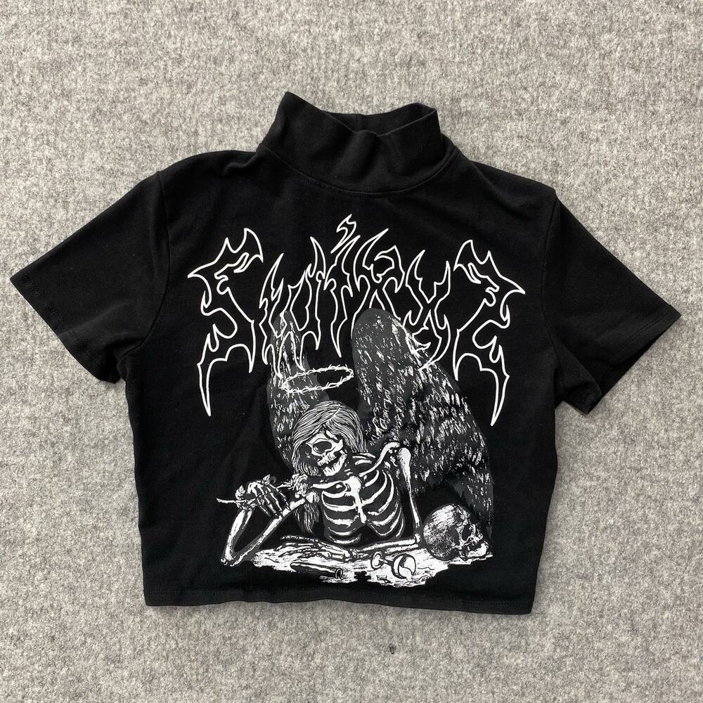 SWIXXZ Cropped Top Size Med Skull Open Back Buckles Mock Neck Black Goth